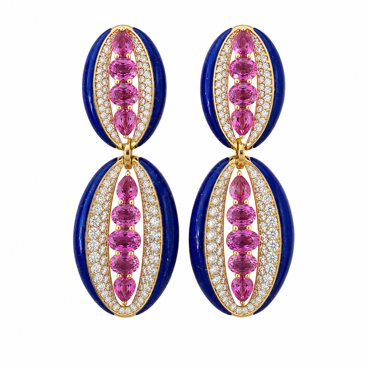 8AEF08D7-1DF2-4641-A116-46BABB4BB8A2 7.01ct Pink Sapphire, 7.37ct Lapis and 3.44ct White Diamonds Drop Earrings - Image 1