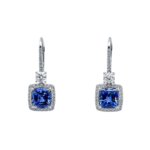 3.36ct & 3.30ct Royal Blue Sapphire Cushion Halo Drop Earrings