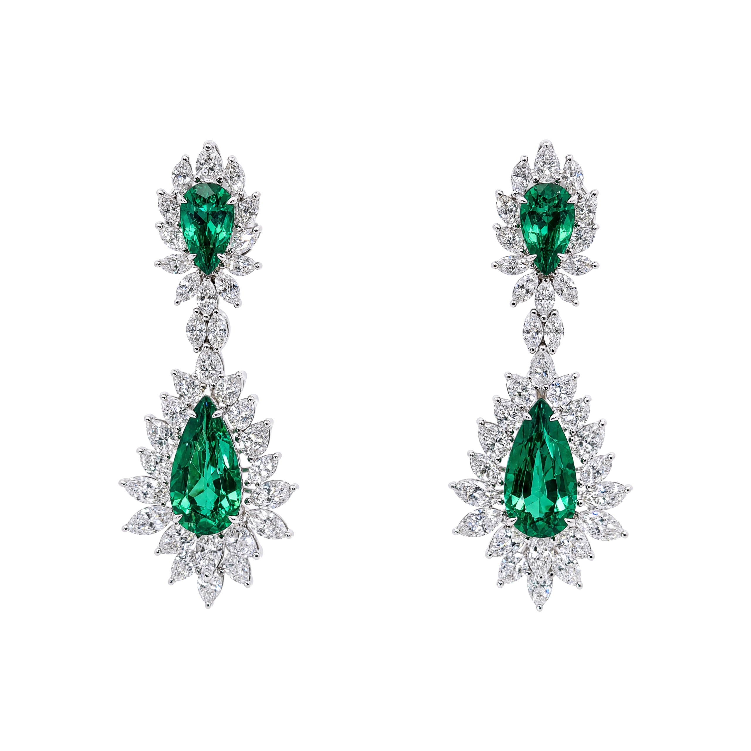 Front-2 10.56ct Pear-Cut Emerald Halo Drop Earrings - Image 1